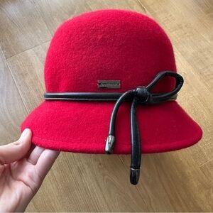 Betmar Women’s Valerina Red Wool Hat with Black Leather Bow